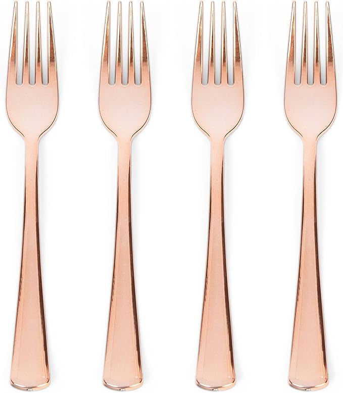 Prestee Set of 100 Rose Gold Plastic Forks Disposable - 7-in Heavy-Duty Fork Flatware - Bulk Pack Fancy Silverware - Sturdy Pink Cutlery for Weddings, Birthday Parties, Buffets, Catering and Events