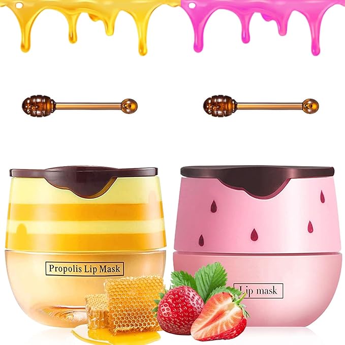2 PCS Bee Lip Balm Honey Pot, Strawberry & Honey Lip Sleeping Masks Overnight, Hydrating Prevention Dry and Cracked Lip Scrubs Exfoliator Lip Care, Reduces Lip Lines-BrightBean Baby