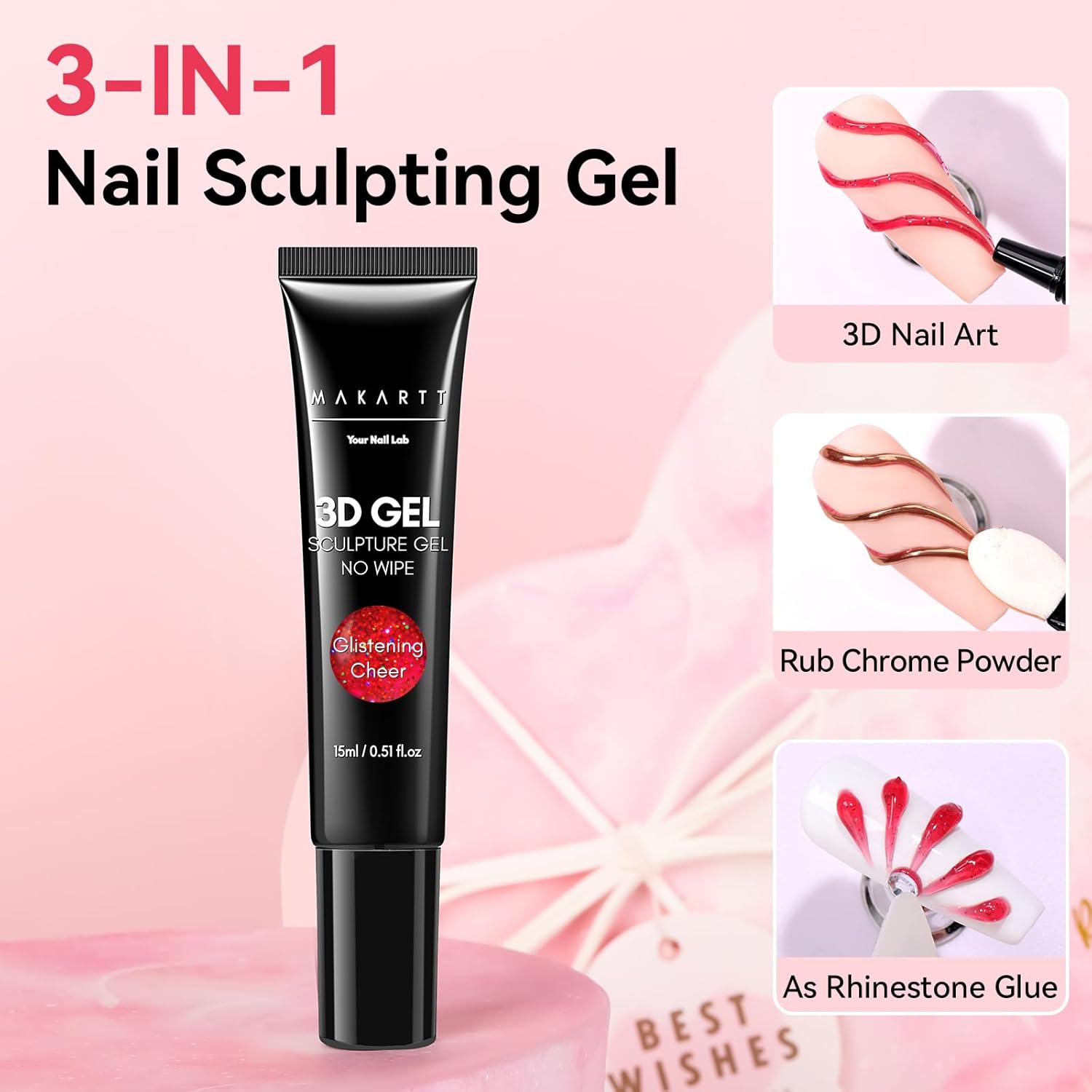 Makartt 3D Gel Nail Art: 3D Sculpting Gel for Nail Art Design 15ml 3 in 1 No Wipe Gel Polish for Drawing Carving Nails Gel, Molding Embossed Gels for Nail Decoration DIY Manicure - Glistening Cheer-BrightBean Baby