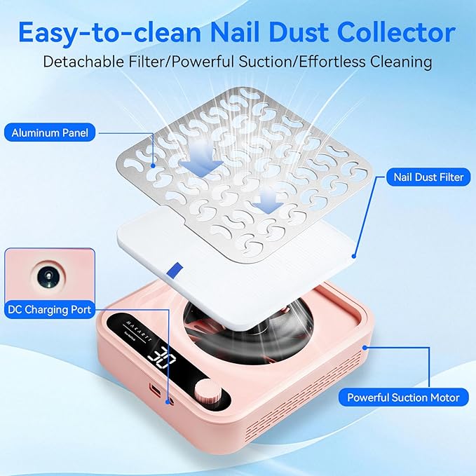 Makartt Nail Dust Collector - Professional Powerful Suction Larina Vacuum Fan Dust Cleaner with LED Display, Adjustable Speed, Reusable Filter for Acrylic Nails Polishing Manicure Salon Home Pink-BrightBean Baby