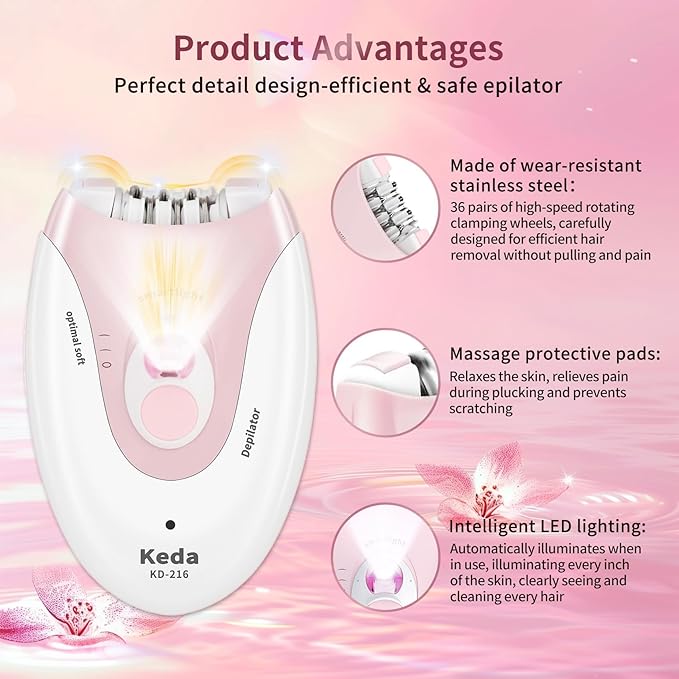 Smooth Glide Epilators Hair Removal for Women, 2 Speed Hair Removal Device with LED Light, Portable Rechargeable Face Epilator, Epilator for Women Face, Bikini, Arm, Legs, Armpits-BrightBean Baby