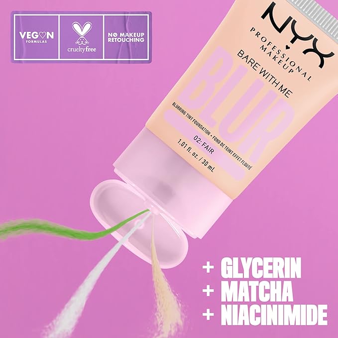 NYX PROFESSIONAL MAKEUP Bare With Me Blur Skin Tint Foundation Make Up with Matcha, Glycerin & Niacinamide - Pale-BrightBean Baby