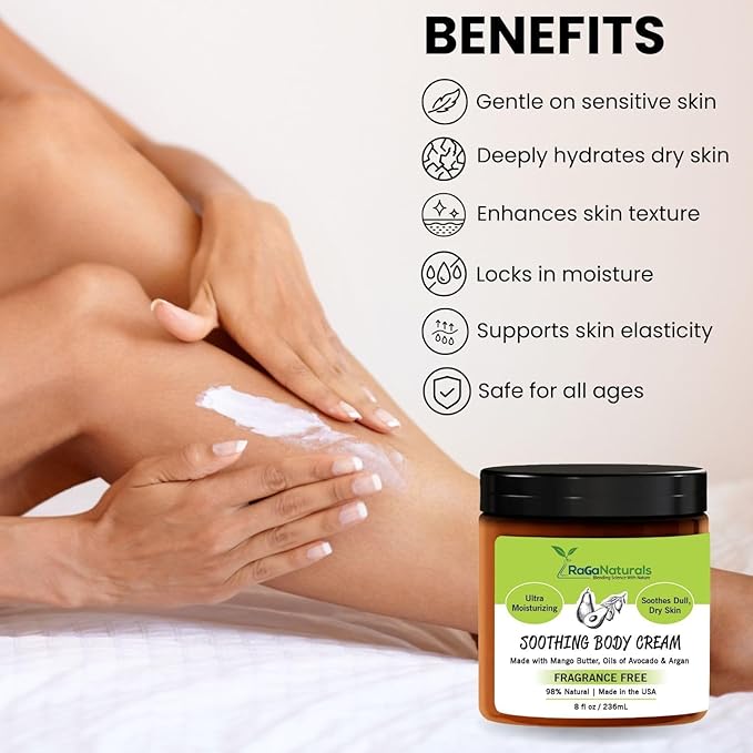 RaGaNaturals Natural Moisturizing Cream - Body & Face Moisturizer for Dry to Very Dry, Sensitive Skin - Unscented Body Cream with Vitamin E & Avocado, Argan Oil - Non-Comedogenic, Fragrance Free -8 Oz-BrightBean Baby