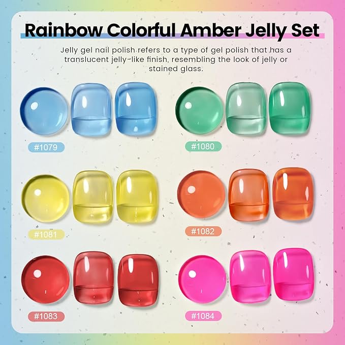 RARJSM Colorful Stained Glass Gel Nail Polish Set 6pcs Clear Crytal Blue Green Yellow Orange Red Neon Pink Series Transparent Sheer Amber Milky Gel Varnish LED UV Curing Requires French Manicure-BrightBean Baby