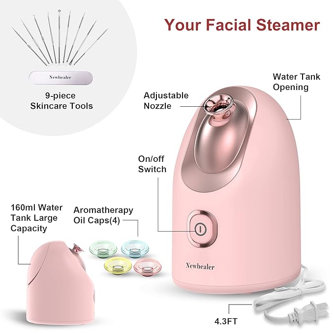 Newbealer Facial Steamer, Mini Aroma Face Steamer, Nano Ionic Hot Mist Facial Humidifier Atomizer, Home Sauna Spa Sprayer Moisturizing Cleansing Pores, 9 Pieces Acne Remover Kit (Pink-Gold, 160ml)-BrightBean Baby