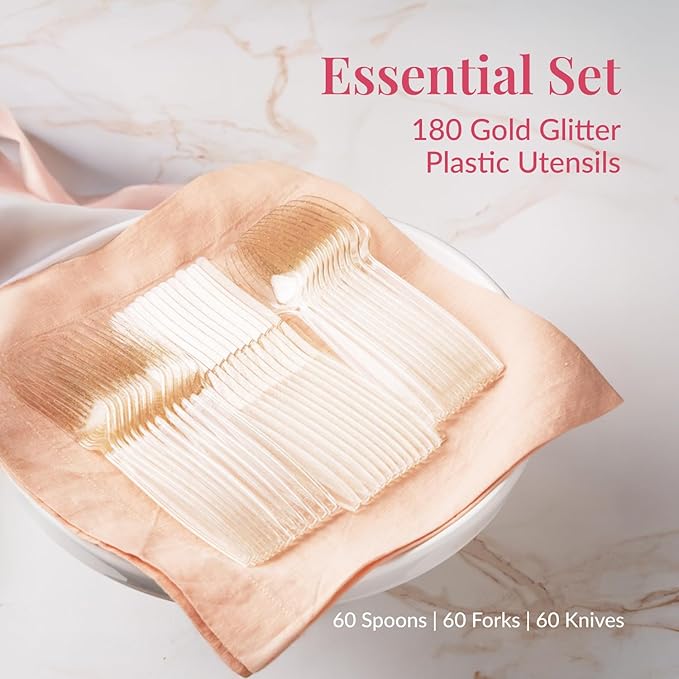 Prestee 180 Gold Glitter Plastic Silverware Cutlery Set - Gold Plastic Silverware Disposable Flatware with 60 Forks, 60 Spoons, 60 Knives - Suitable for Parties, Fancy Party Utensils