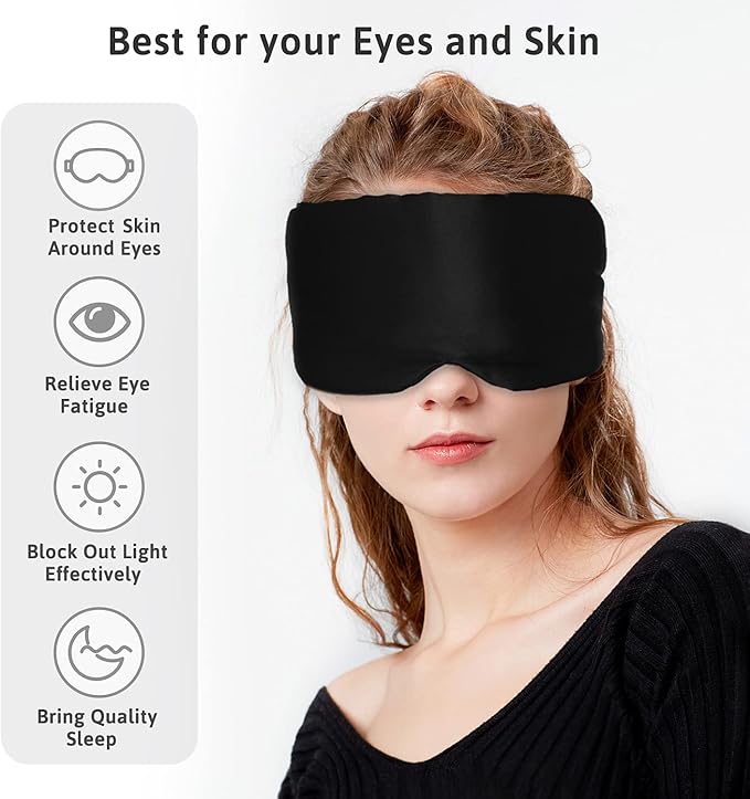 Silk Sleep Mask for Women Men, Mulberry Silk Eye Sleeping Mask & Blindfold with Adjustable Velcro Strap, Blackout Eye Cover for Sleep Travel Yoga Nap, Large Size, Black-BrightBean Baby