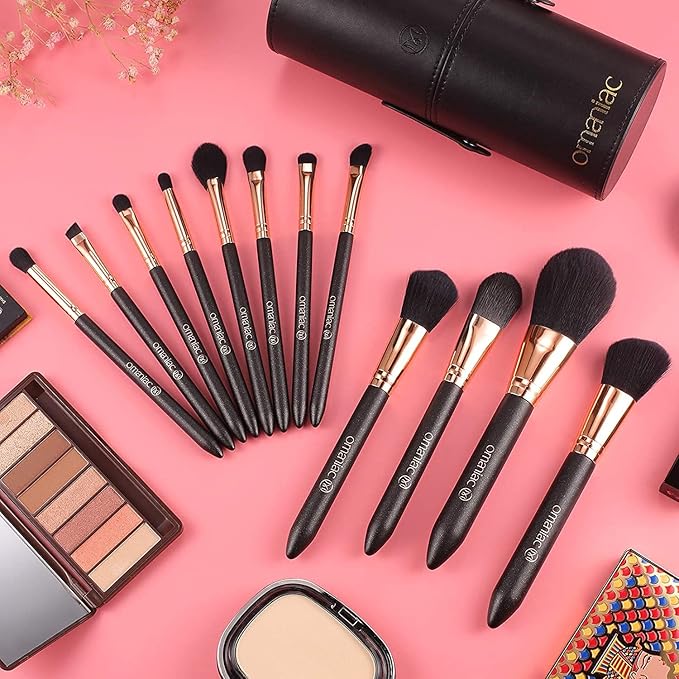 OMANIAC Makeup Brush Set Professional, 12 Pearlescent Wood Handle Makeup Brushes, Premium Cruelty-Free Synthetic Fiber Hair, Travel Make up Brushes Set with Case (Black).-BrightBean Baby