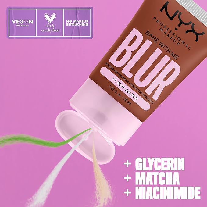 NYX PROFESSIONAL MAKEUP Bare With Me Blur Skin Tint Foundation Make Up with Matcha, Glycerin & Niacinamide - Deep Golden-BrightBean Baby