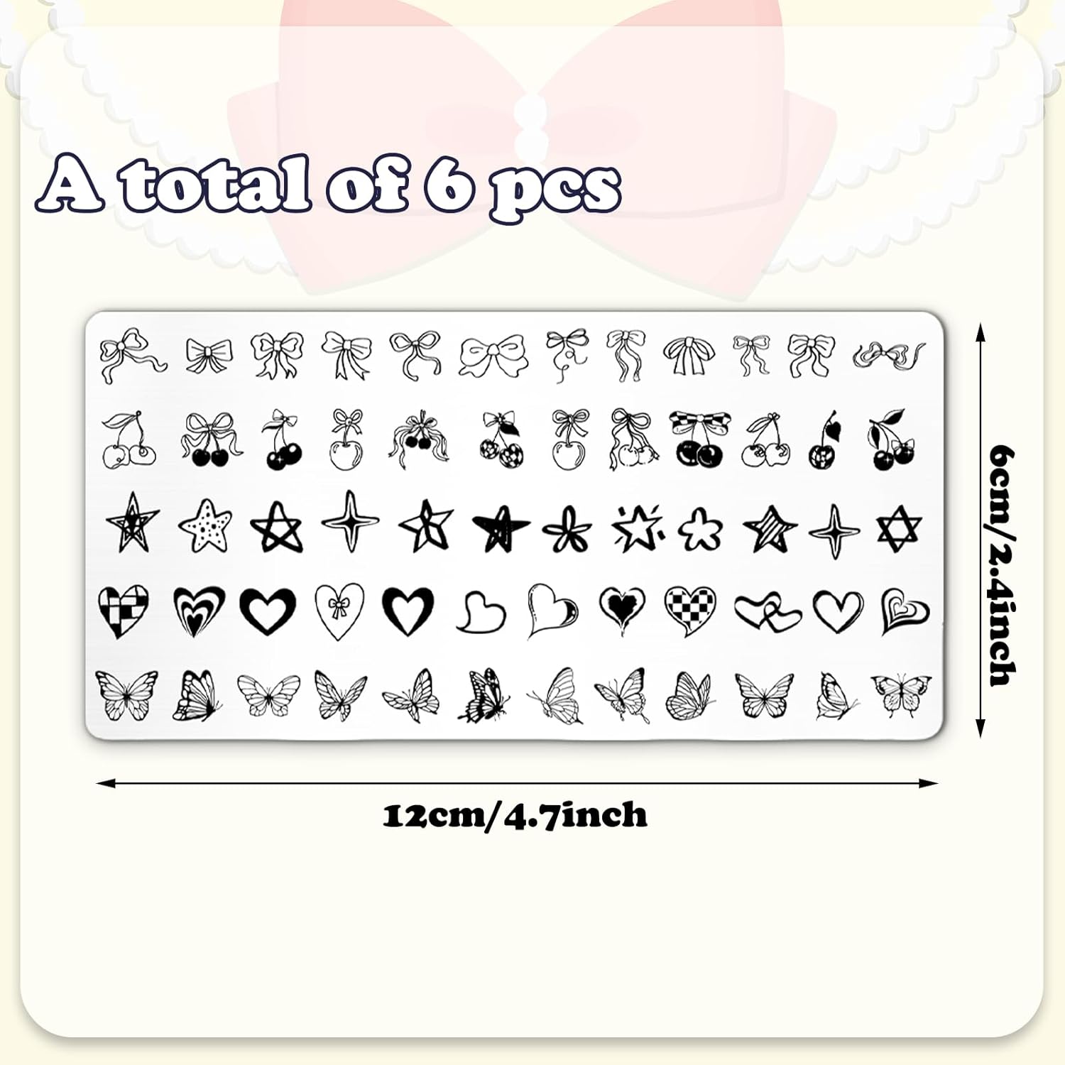 Whaline 6Pcs Coquette Nail Plates Stamping Set Bow Cherry Heart Stamp Templates Nail Art Plates for DIY Print Manicure Salon Design-BrightBean Baby