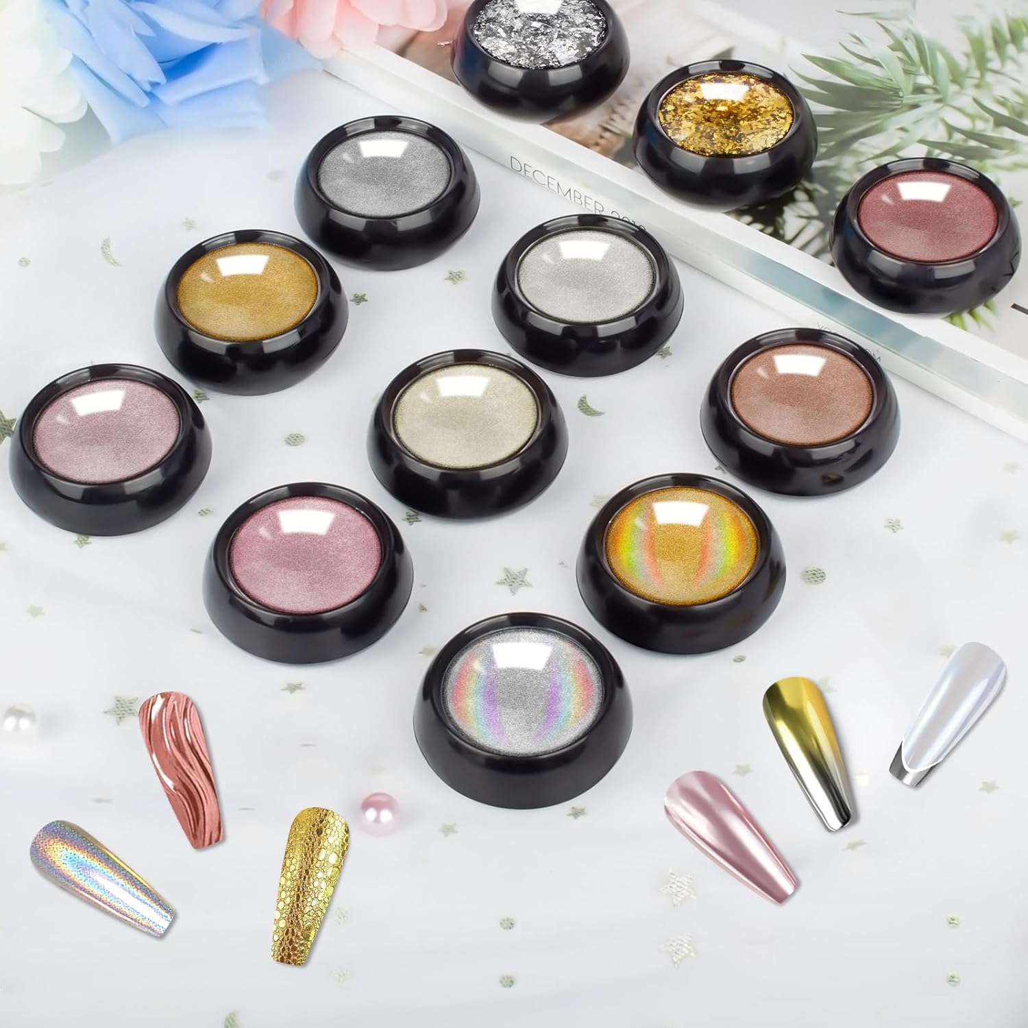 Gold Silver Chrome Nail Powder, 12 Colors Iridescent Holographic Unicorn Chrome Powder for Nails, Metallic Mirror Effect Rose Gold Champagne Nail Powder Pigment Glitter Foils Flakes Nail Art-BrightBean Baby