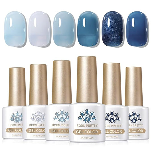 BORN PRETTY Jelly Blue Gel Nail Polish Set 6 Colors Translucent Light Blue Baby Blue Royal Blue Reflective Glitter Blue Nail Gel Kit Soak Off Nail Art Manicure Design Home Salon Holiday Gift-BrightBean Baby