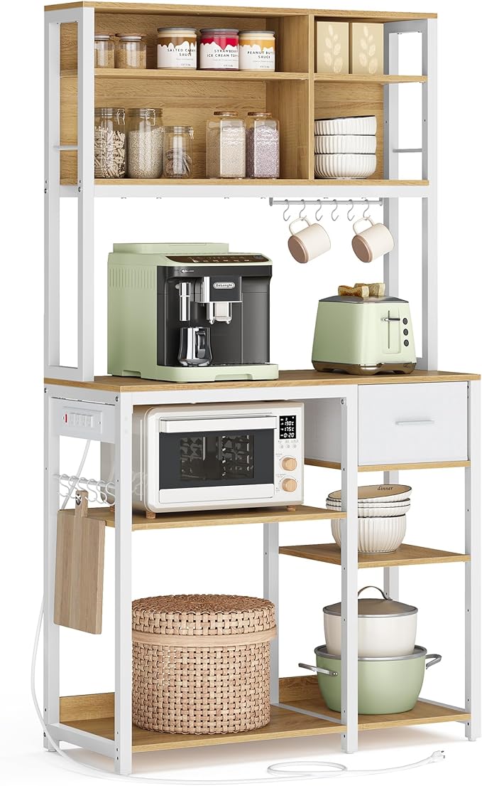 VASAGLE Bakers Rack with Charging Station, Coffee Bar with Adjustable Storage Shelves, Fabric Drawer, 12 Hooks, 15.7 x 31.5 x 71 Inches, Kitchen Microwave Stand, Golden Oak and Cloud White UKKS015Y03
