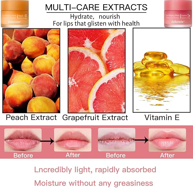 2PCS Lip Sleeping Mask, Lip Mask Overnight, Moisture & Lip Plumper Lip Wrinkles, Repair Lip Balm Prevention Dry and Cracked Lip Scrubs Exfoliato Smoothing Dry Lip Mask (Peach + Grapefruit)-BrightBean Baby