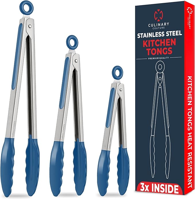 Kitchen Tongs for Cooking with Silicone Tips, Heat Resistant Tongs for Serving Food, 7-Inch, 9-Inch, 12-Inch Locking Silicone Tong, Set of 3 Salad Tong, Blue Kitchen Utensils