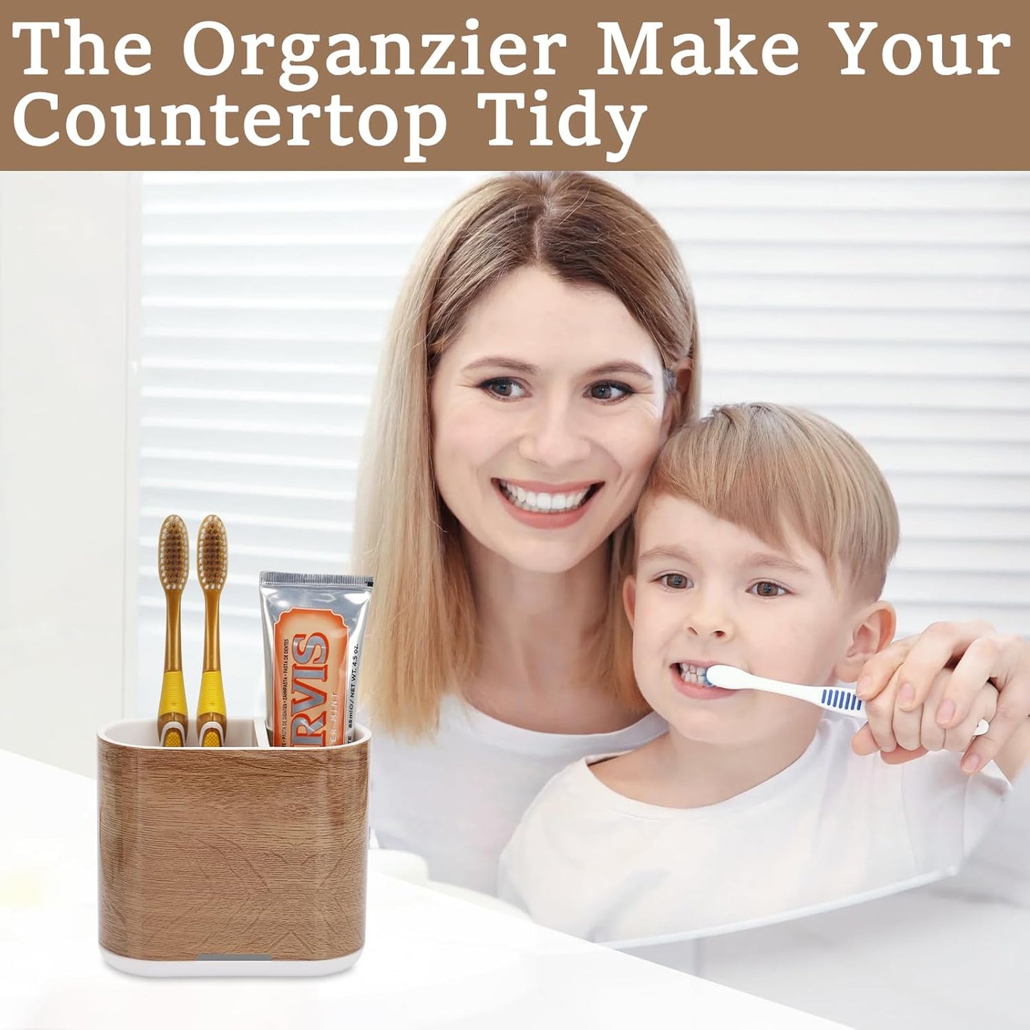 Toothbrush and Toothpaste Holder with Divider for Bathroom Countertop Organizer, 2 Slots Electric Toothbrush Holders Storage Caddy Drainage for Family, Kids(Wood Grain)-BrightBean Baby