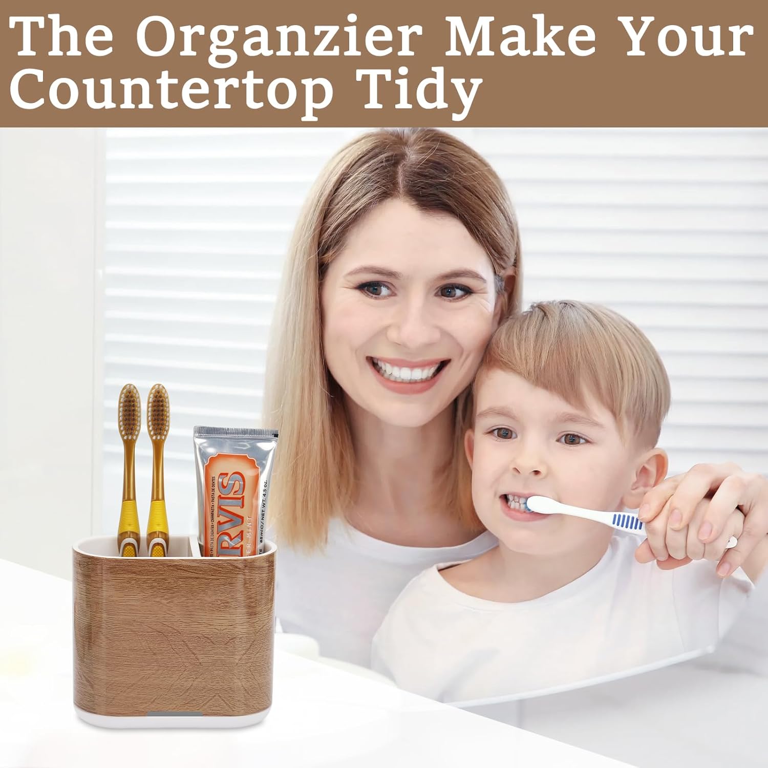 Toothbrush and Toothpaste Holder with Divider for Bathroom Countertop Organizer, 2 Slots Electric Toothbrush Holders Storage Caddy Drainage for Family, Kids(Wood Grain)-BrightBean Baby