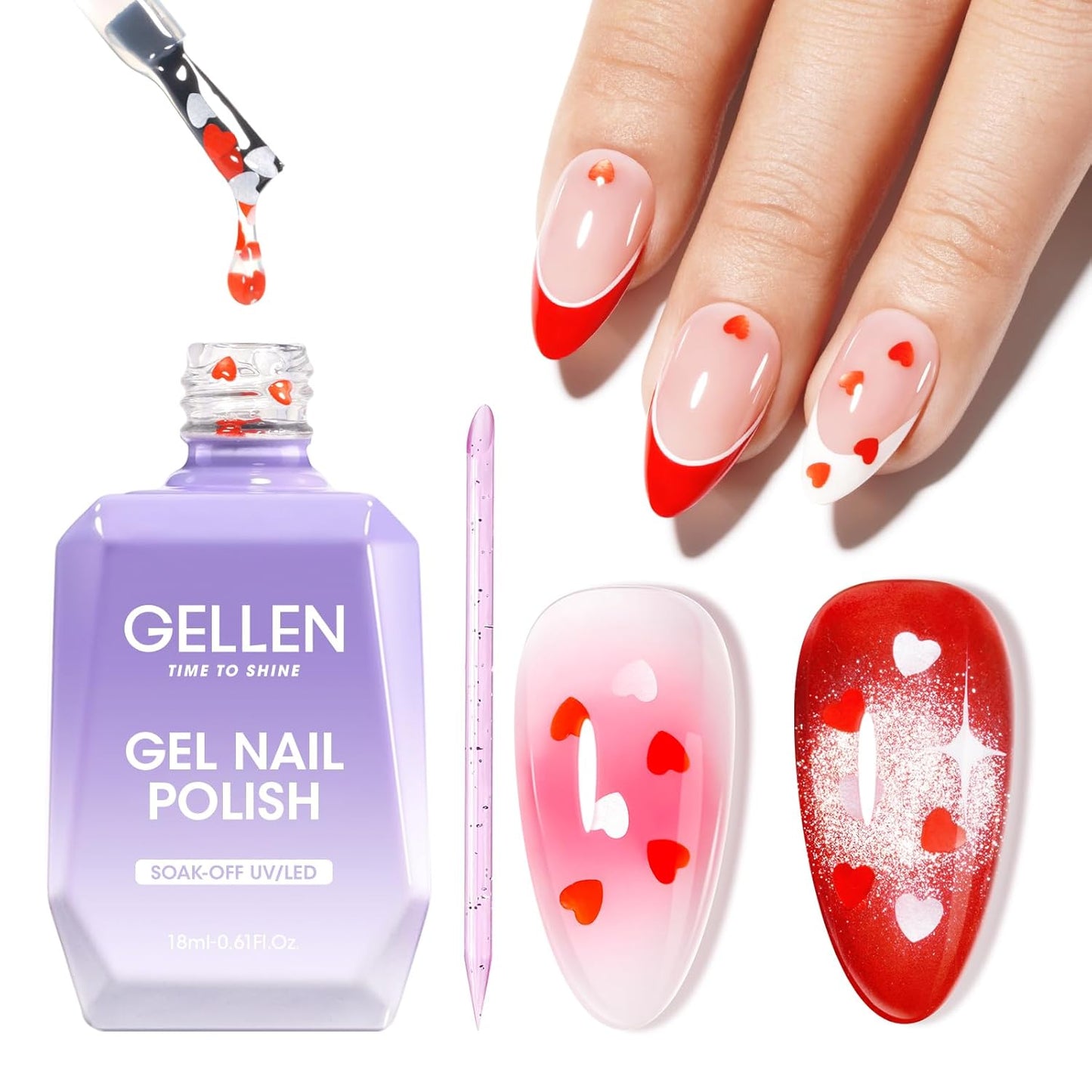 GELLEN Gel Nail Polish, 18ML Clear Nail Polish With Pink & Red Heart Shape, Valentine Gift for Her, Soak Off UV Gel Polish No Wipe, Glitter Gel Nail Polish with Stick DIY at Home-BrightBean Baby