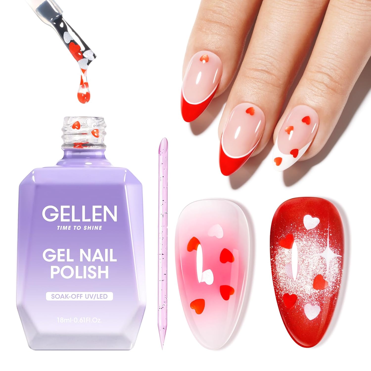 GELLEN Gel Nail Polish, 18ML Clear Nail Polish With Pink & Red Heart Shape, Valentine Gift for Her, Soak Off UV Gel Polish No Wipe, Glitter Gel Nail Polish with Stick DIY at Home-BrightBean Baby