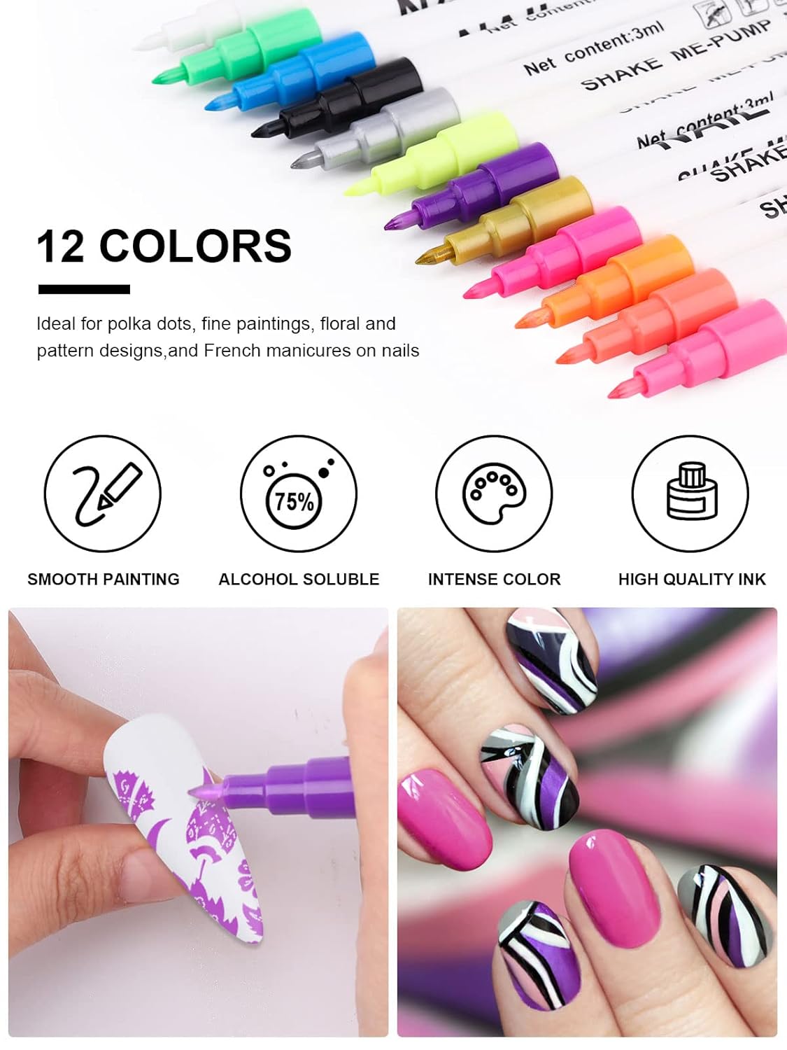 12 Color 3D Nail Art Pens Set, Kalolary Nail Point Graffiti Dotting Pen Drawing Painting Liner Brush for DIY Nail Art Beauty Adorn Manicure Tools-BrightBean Baby
