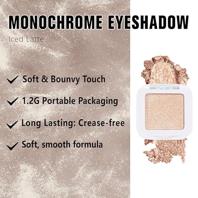 evpct Light Nude Brown Shimmer Single Eyeshadow Palette Makeup for Older Women, Iced Latte Glitter Sparkle Cream Eye Shadow Palette Brightener Makeup for Older Women, High Pigment Monochrome Eyeshadow-BrightBean Baby