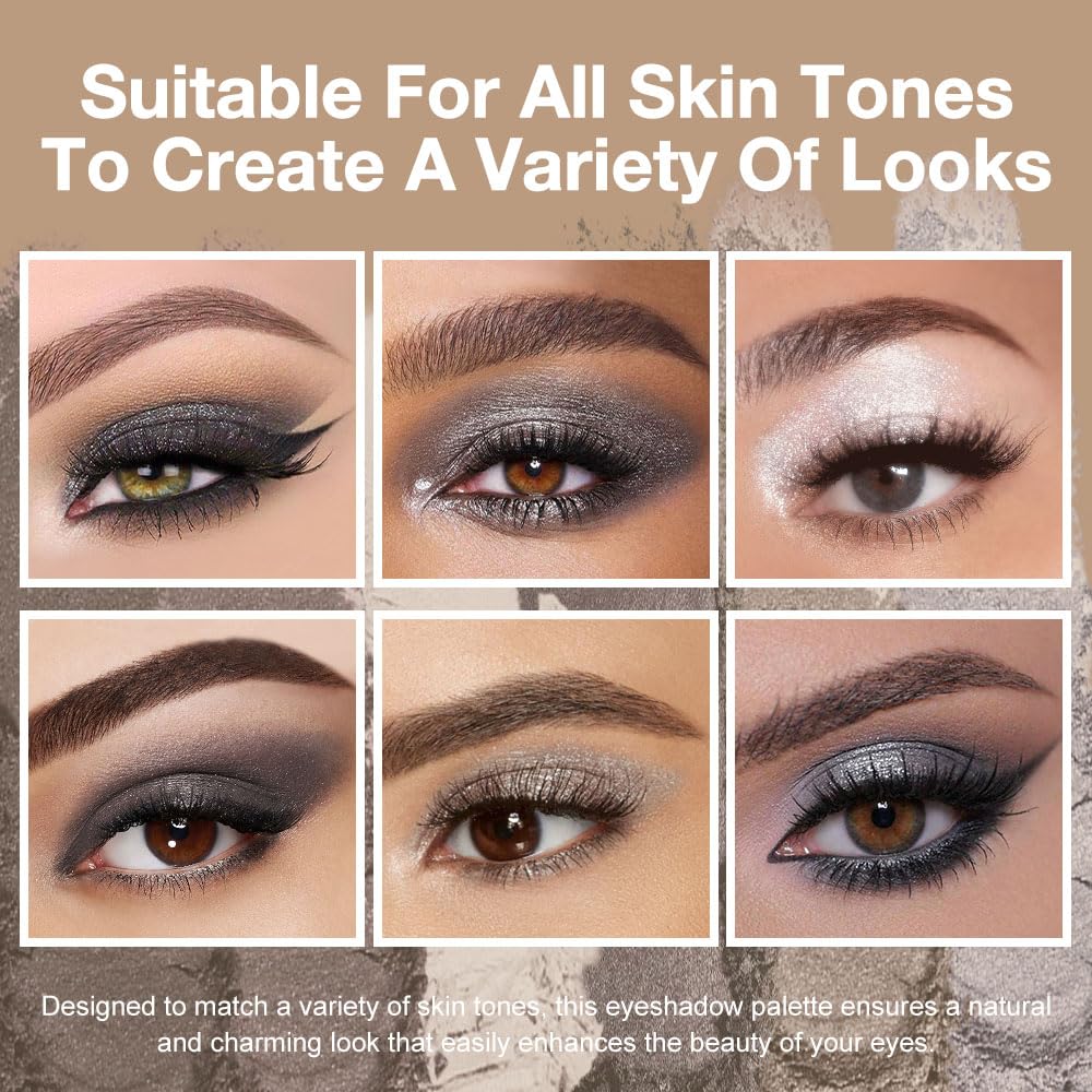 Kaely 6 Colors Mini Smoky Eye Shadow Palette Makeup, Black Grey White Silver Glitter Shimmer Smokey Eye Eyeshadow Palette for Older Women Pigmented Waterproof, Goth Halloween Makeup, Cruelty-free 02-BrightBean Baby