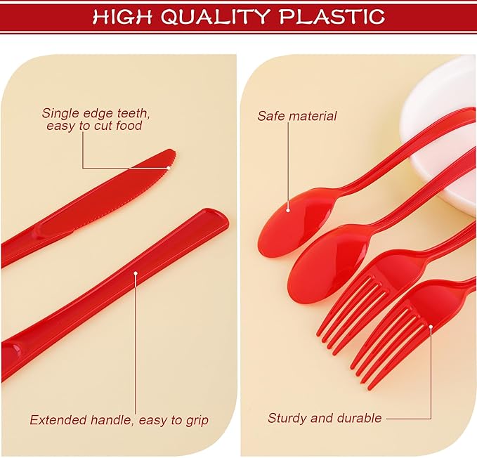 300 Pieces Christmas Red Plastic Silverware Heavy Duty Plastic Cutlery Set Heavyweight Disposable Flatware Includes Spoons Forks Knifes for Party Prom Night Wedding Dinner