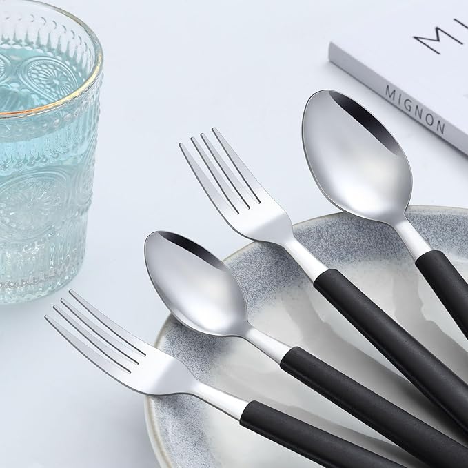 Pleafind 36Pcs Dessert Spoons Set (7.4 inches), Stainless Steel Mirror Polished Spoon with Black Frosted Handle, Spoons Silverware for Home, Kitchen, Restaurant, Dishwasher Safe