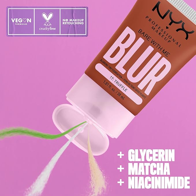NYX PROFESSIONAL MAKEUP Bare With Me Blur Skin Tint Foundation Make Up with Matcha, Glycerin & Niacinamide - Truffle-BrightBean Baby