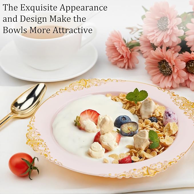 Nervure 50PCS Pink Plastic Bowls with Gold Rim - 12oz Disposable Soup Bowls, Heavy Duty Salad Ice Cream Bowl Perfect For Weddings, Parties and Everyday Use