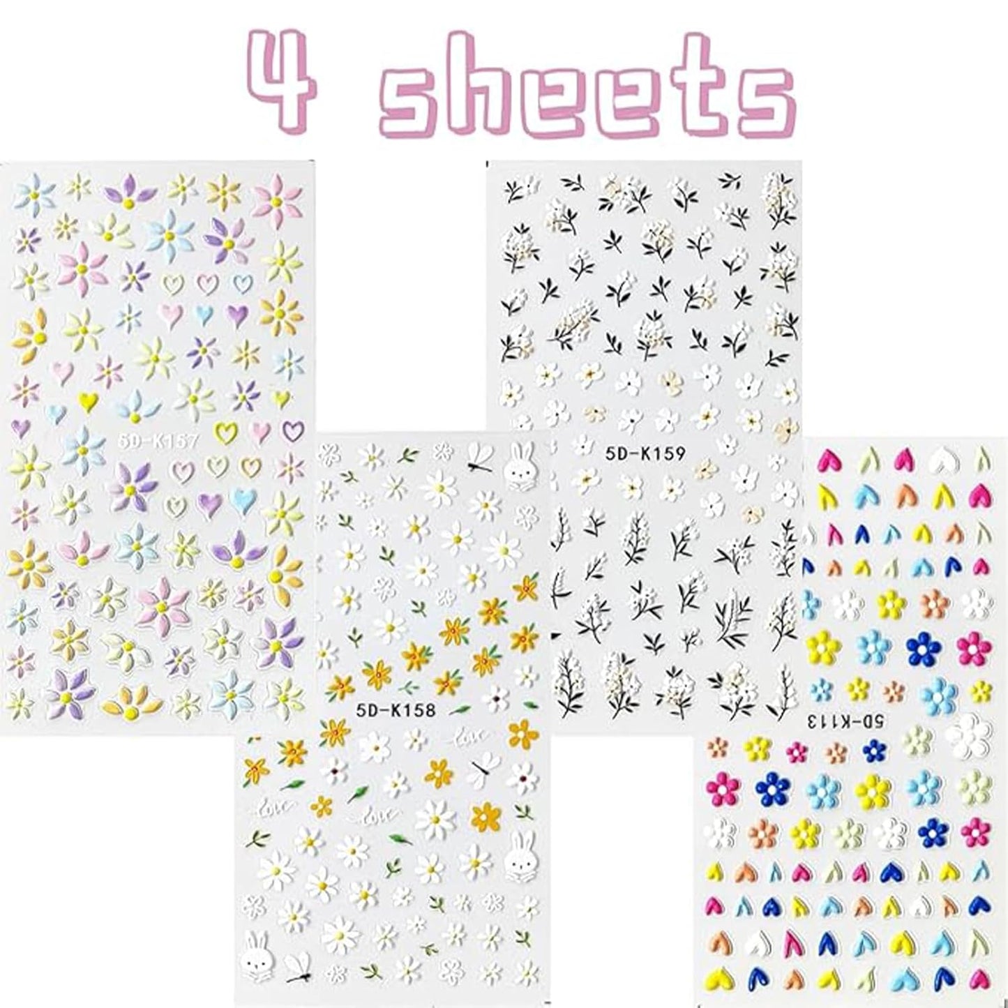 Flower Nail Art Stickers Decals 5D Embossed Nail Decals Spring Summer Daisy Nail Art Design Self-Adhesive Nail Supplies Accessories 3D Flower Nail Stickers for Women Nail DIY Decoration-BrightBean Baby