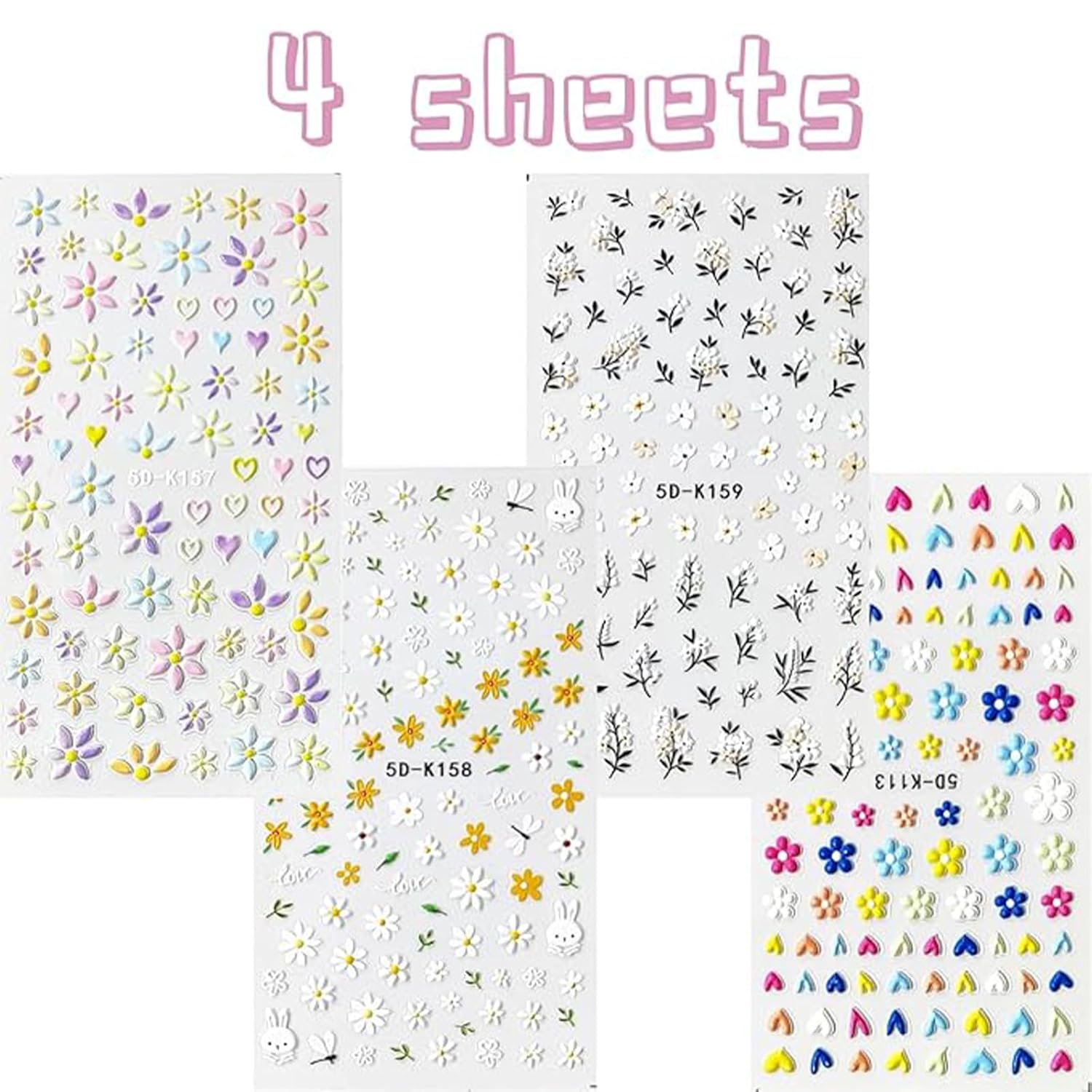 Flower Nail Art Stickers Decals 5D Embossed Nail Decals Spring Summer Daisy Nail Art Design Self-Adhesive Nail Supplies Accessories 3D Flower Nail Stickers for Women Nail DIY Decoration-BrightBean Baby