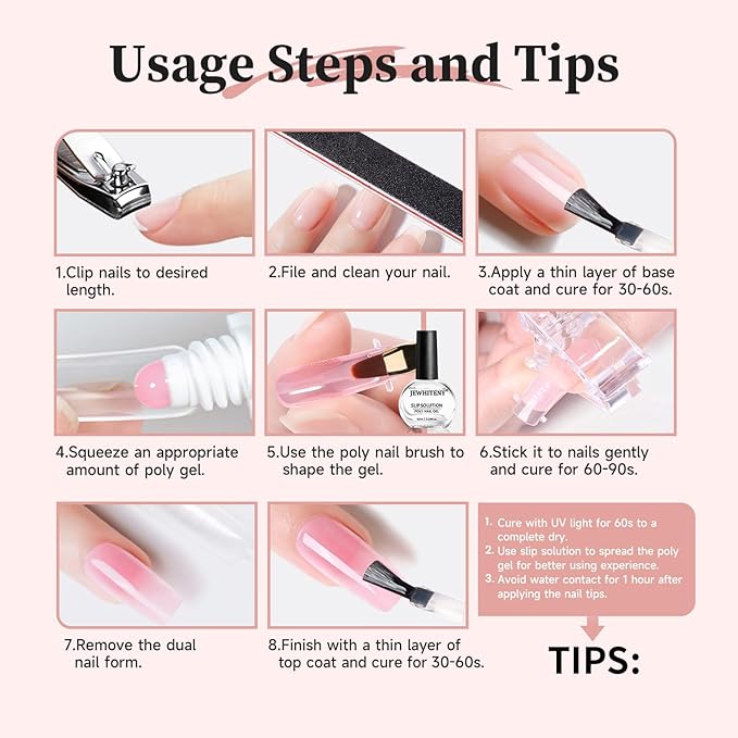 JEWHITENY Poly Extension Gel Nail Set Clear Pink Poly Nail Gel With Slip Solution Base Coat Top Coat French Manicure Need U V Lamp Curing for Finger Art and Home DIY-BrightBean Baby