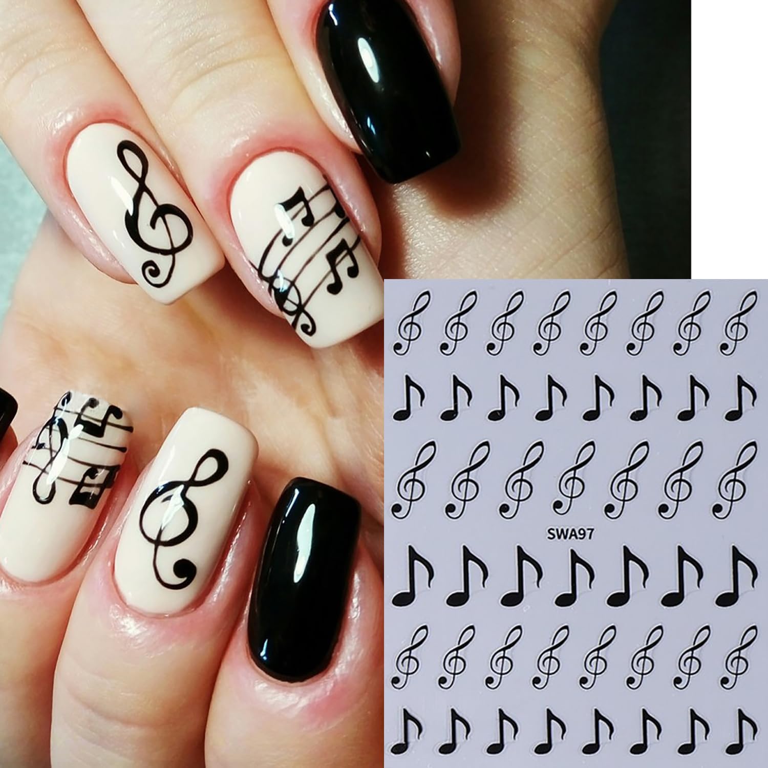 6 Sheets Musical Symbols Nail Art Stickers 3D Self-Adhesive Nails Sticker Music Notation Nails Art Decals Holographic Music Decal Decoration for Women Silver Black Manicure Stickers DIY Nail Supplies-BrightBean Baby