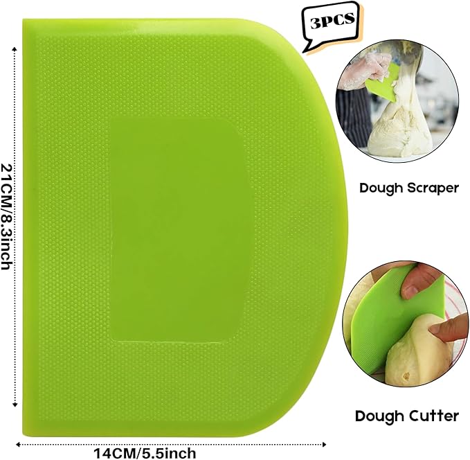 SURDOCA Dough Scraper Bench Scraper - 3P 8.3x5.5" Plastic Flexible Bowl Scraper, Sharp Edge & Angles Cake Scraper. Non-Slip Bakeware Decorating Tools Sculpting & Modeling Tools - Green+Pink+Yellow