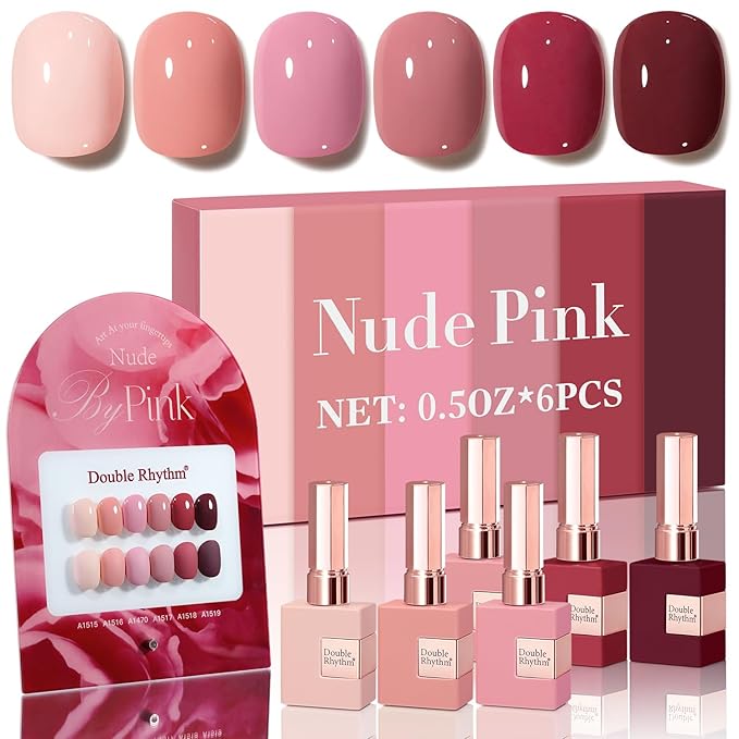Double Rhythm 6 Pcs 15 ML Gel Polish Set Same Color Same Bottle Soak Off Gel Polish Kit Nail Art Manicure Salon DIY at Home for Women (Burgundy Red Nude Pink Purple Beige-T6-3)-BrightBean Baby