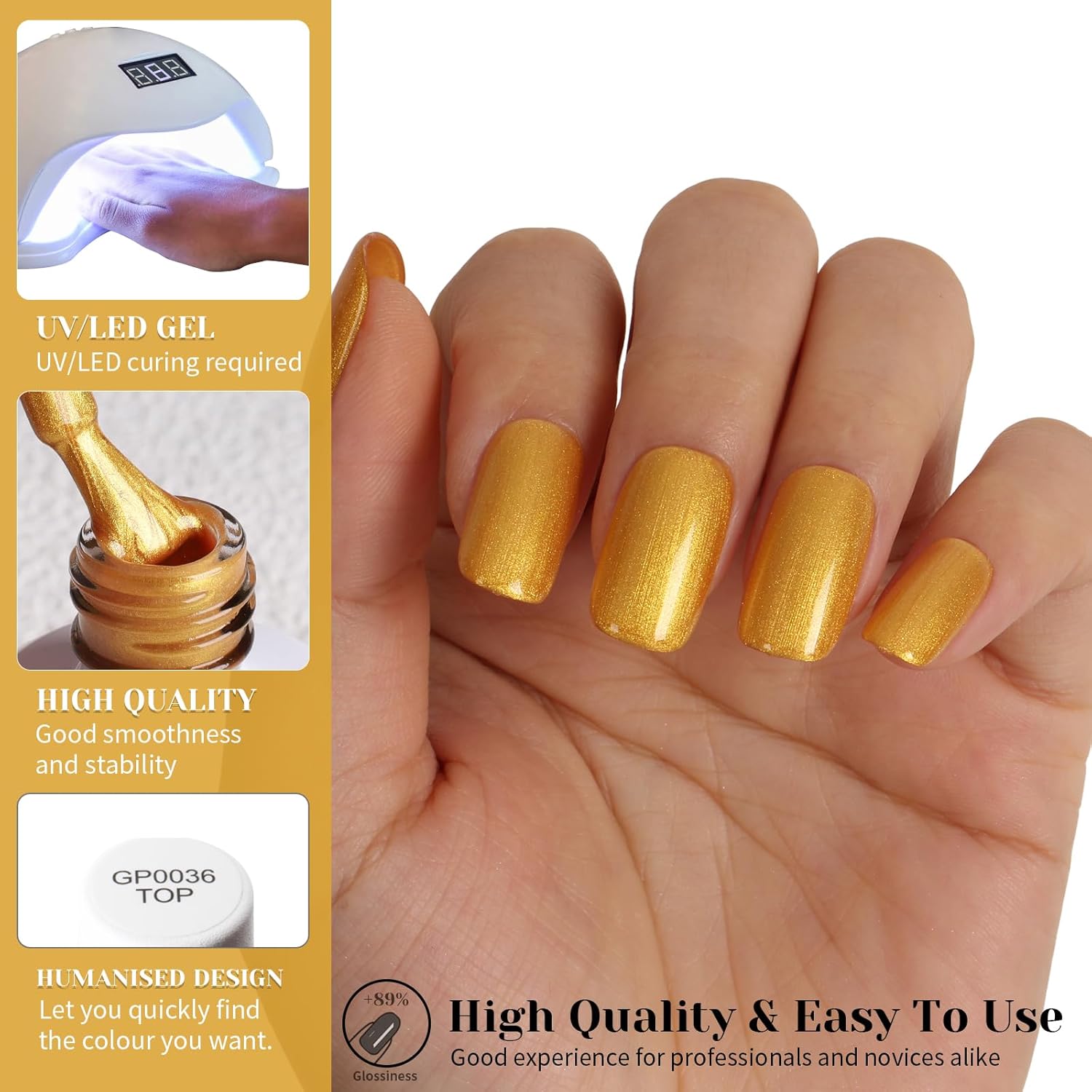 Gold Metallic Glitter Gel Polish,15ml UV/LED Soak Off Sparkly Gold Yellow Chrome Gel Nail Polish Kit for Manicure Salon or DIY Nail Art at Home,Party Holiday Color Gel Gift - GP0089-BrightBean Baby
