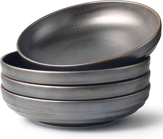 HAPPY KIT Stoneware Pasta Bowls 9'', Set of 4, 42 Oz, Reactive Glaze Large Salad Bowls, Ceramic Serving Bowls for Fruit,Soup,Noodle, Dinner, Scratch Resistant, Bronze Gray