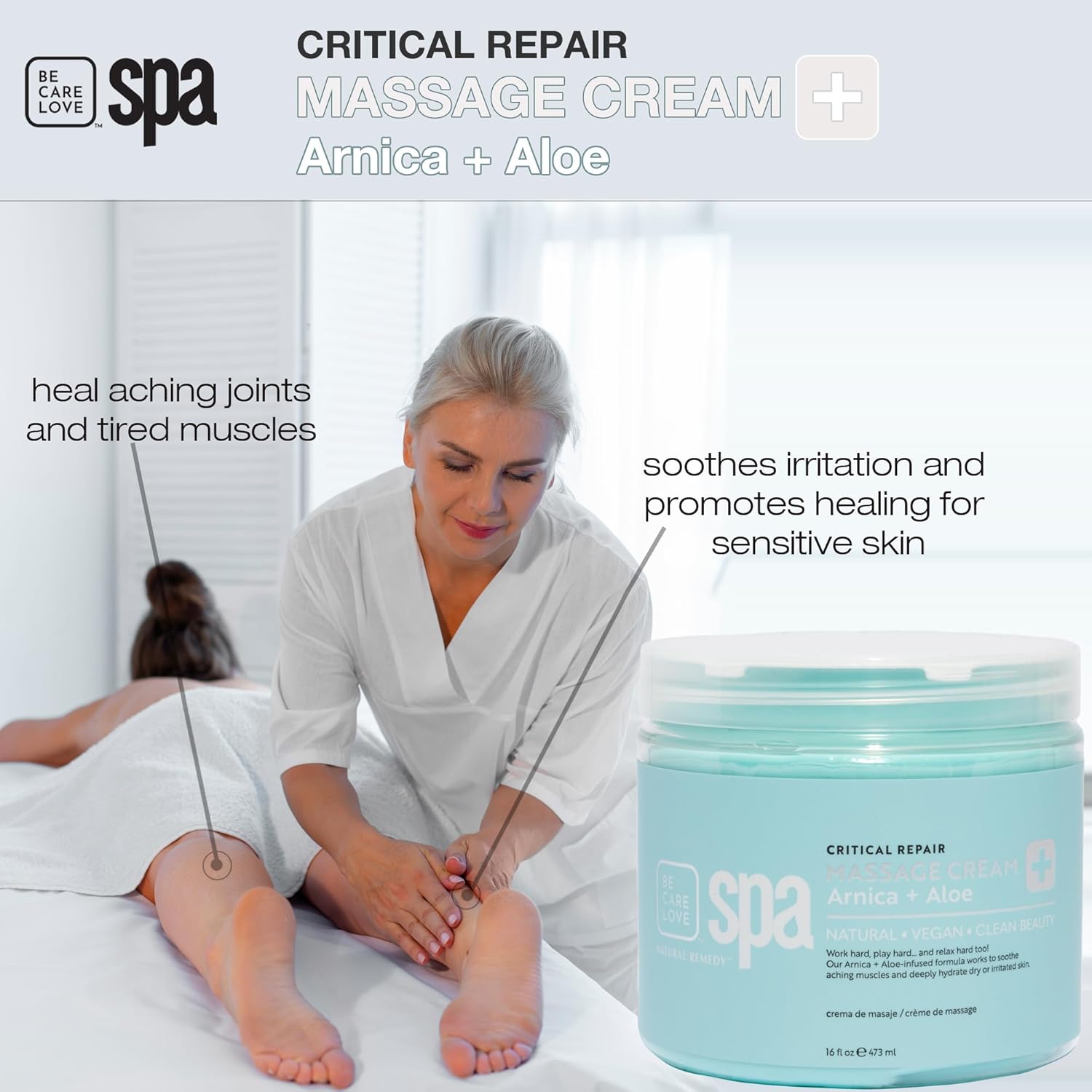 Be Care Love Spa Critical Repair Massage Cream with Organic Arnica and Organic Aloe Natural Vegan Clean Beauty Made in USA 16 fl oz-BrightBean Baby