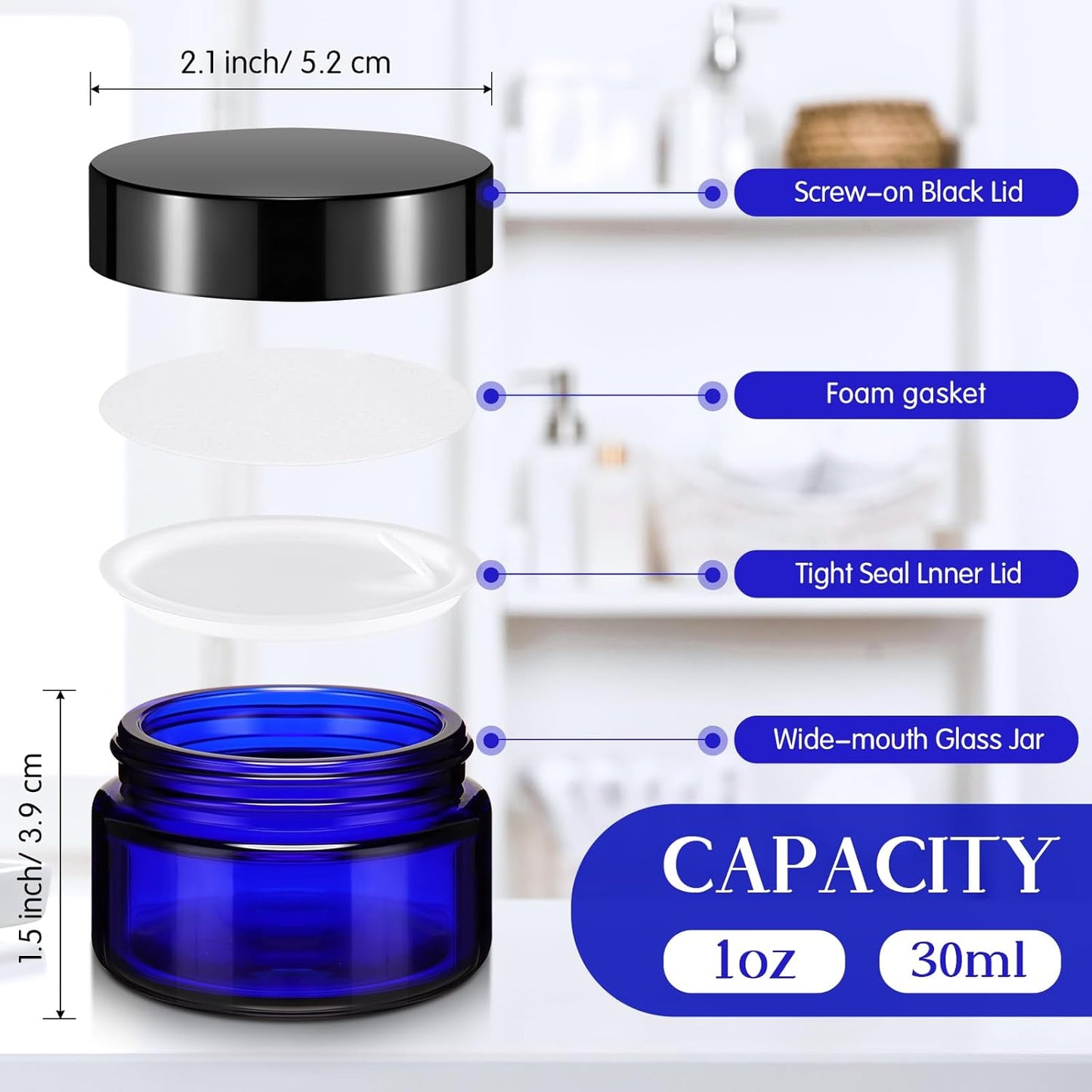 Domensi 100 Pcs 1 oz Glass Jars with Lids Bulk Round Glass Cosmetic Jars Lids 1 oz Small Travel Containers with Inner Liner for Lotions Powders Ointments Sample Cream(Cobalt Blue, Black)-BrightBean Baby