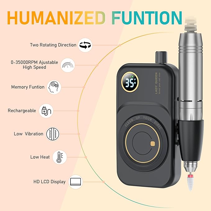 Portable Nail Drill Electric File: 35000RPM Professional Rechargeable Nail E File Machine,for Acrylic Nails Gel Polishing Removing, Cordless Efile with Bits Kit for Manicure Salon Home (Black)-BrightBean Baby