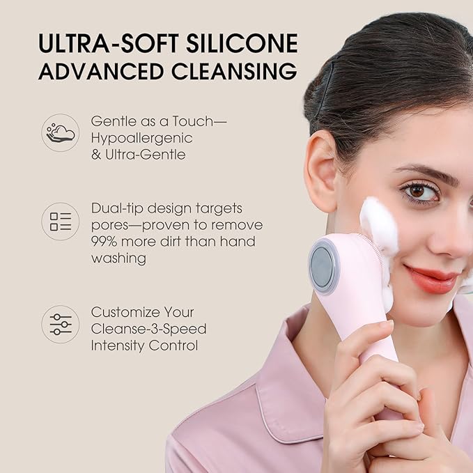 Facial Cleansing Brush,Silicone Face Scrubber,Pore Scrubber for Women Men,IPX7 Waterproof Exfoliating Face Brush,Rechargeable Electric Face Scrub,Pink-BrightBean Baby