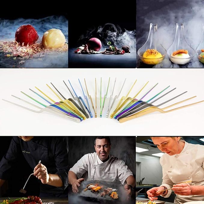 CREATIVECHEF 8 Inch Curved Stainless Steel Precision Kitchen Cooking Multi-function Tweezers Culinary Offset Tweezer Tongs (8" Curved, Bronze)