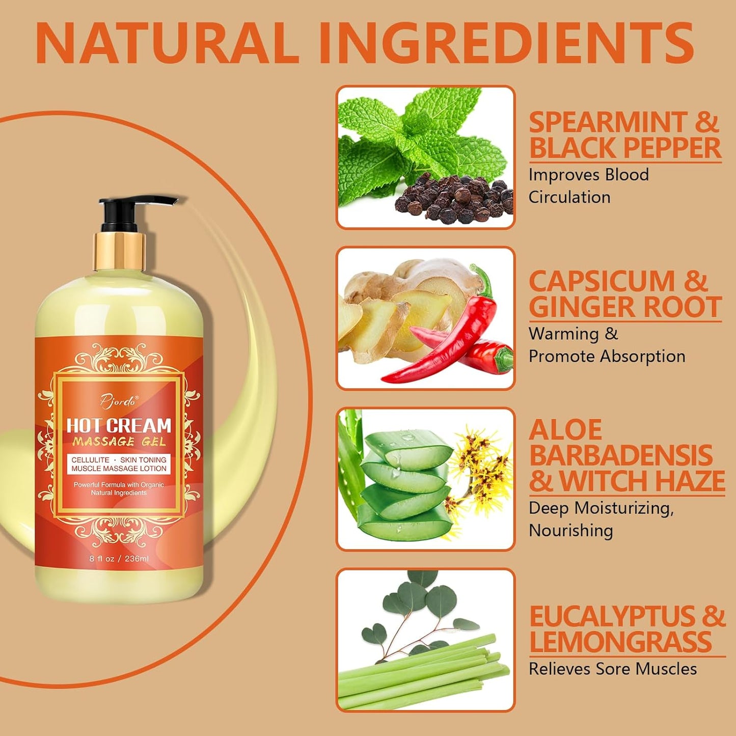 Anti Cellulite Massage Oil & Hot Cream Set with Massager, Natural Cellulite Remover, Oil & Massager for Legs Arms and Butt, Firm, Tighten & Moisturize Skin Soothes Muscles (8 Fl Oz)-BrightBean Baby