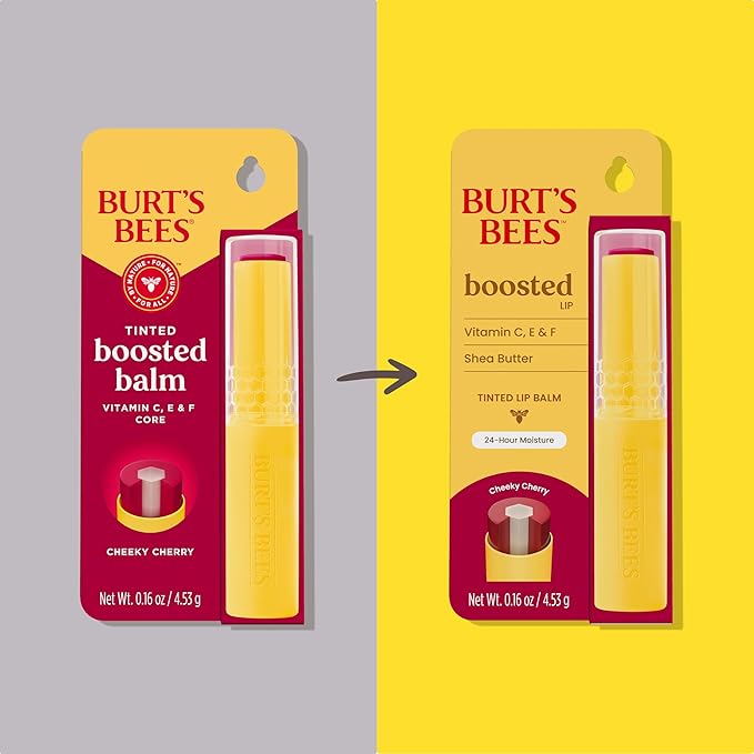 Burt’s Bees Back to School Gift Ideas, Tinted Boosted Balm, Cheeky Cherry, Hydrating Tinted Lip Balm with Vitamin C, E, and F Core, 24 Hour Lip Moisturizer, 100% Natural Origin, 1 Count, 0.16oz-BrightBean Baby