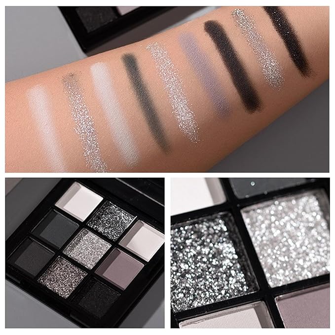 Erinde 9 Color Smokey Eyeshadow Palette, Highly Pigmented Matte & Glitter Shades,Black Silver Gray Eye Shadow Set for Halloween Makeup, Long-Lasting, Waterproof & Blendable, Reversal Star Smokey-BrightBean Baby