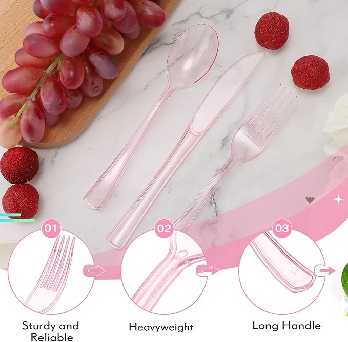 Minatee 150 Pieces Disposable Cutlery Set Plastic Silverware Heavy Duty Utensil Sets 50 Forks 50 Knives 50 Spoons for Home Office School Party Picnics Restaurant Outdoor Events(Pink)