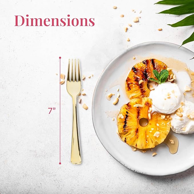 Prestee 100 Gold Plastic Forks - Heavy Duty Elegant Disposable Utensils - Fancy Plastic Silverware for Weddings and Holidays - Heavyweight 7 Inch Forks for Special Occasions