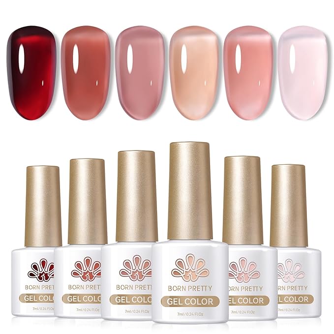 Born Pretty Jelly Burgundy Gel Nail Polish Blood Wine Red Nude Pink Gel Polish Sheer Transparent Halloween Gel Polish Kit Wild Rose for Salon Manicure and Nail Art DIY at Home 6Colors-BrightBean Baby