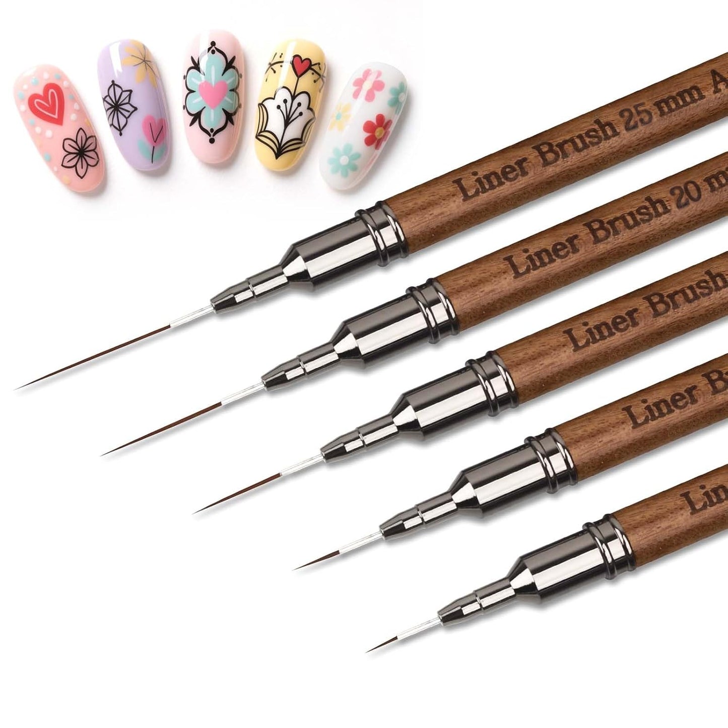 Artdone Wood Grain Nail Art Pens, Liner Brushes Set, 5PCS Brown Color Nail Tools For Long Lines, Thin Details, Fine Drawing, Liner Brush UV Gel Polish Painting Nail Design Sizes 5/12/13/20/25mm-BrightBean Baby